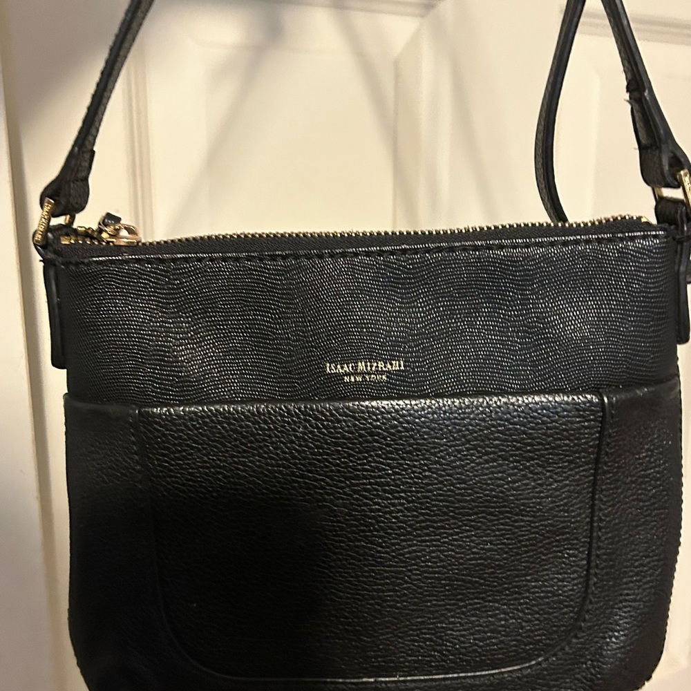 Isaac Mizrahi Black Leather Textured Crossbody Bag with Gold Hardware